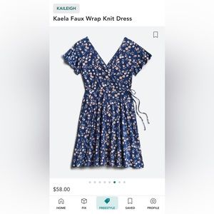Blue floral faux wrap knit dress